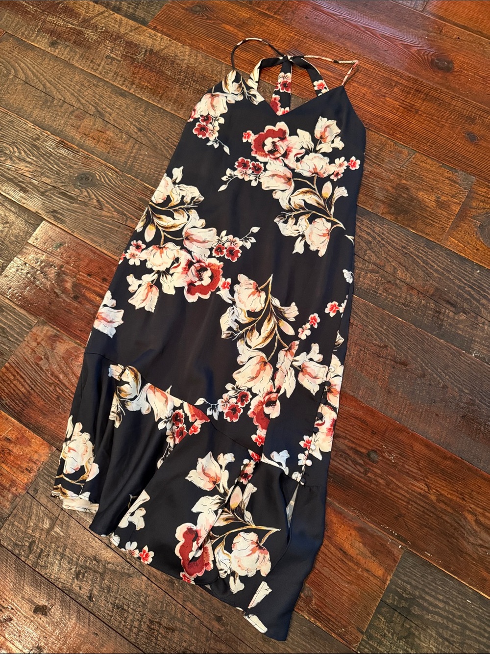 Zara Black Midi Dress with Cream and Red Floral Motif